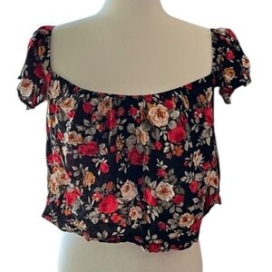 Solemio Los Angeles Blouse Womens Large Black Floral Cropped Square Neck Blouse